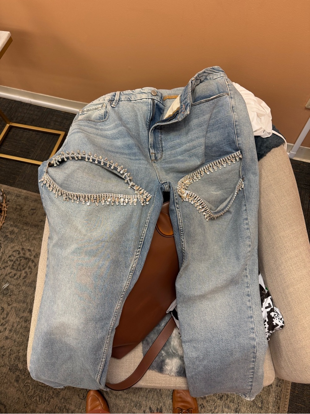 Good American Light Blue Rhinestone-Trim Boyfriend Jeans